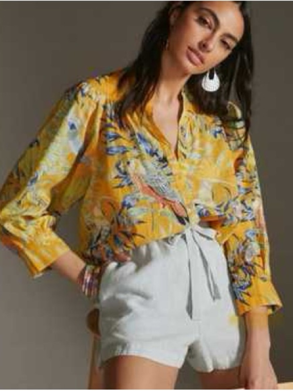 Anthropologie Yellow Floral Button-Front Crop Shirt